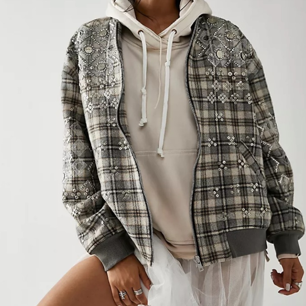 Free People Louie Grey Plaid Embellished Bomber Jacket